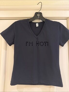 Moschino Navy V-Neck Short Sleeve Tee with 'I'M HOT!' Graphic